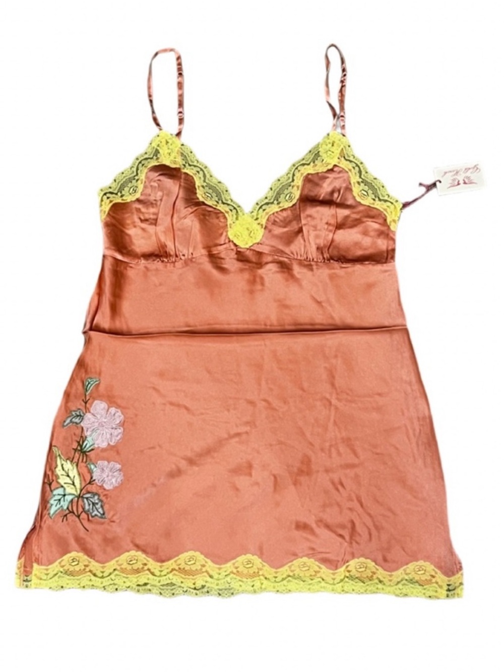 Silk-Blend Pink Chemise with Yellow Lace Trim